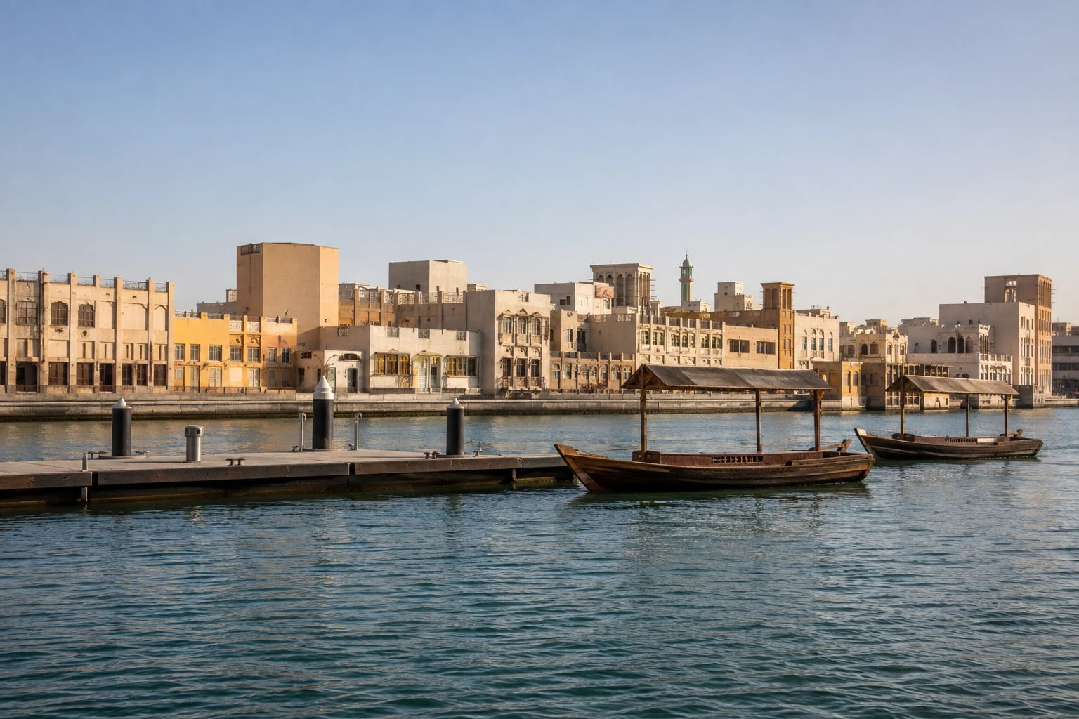 Dubai Creek mit leerem Anleger, Abra-Booten und der Bebauung von Deira