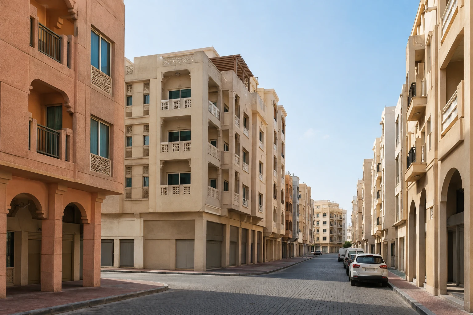 Dichte Straßenzeile mit Wohn- und Geschäftshäusern in Al Sabkha